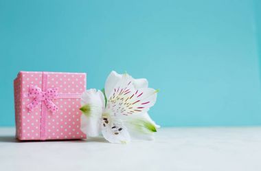Nane arka plan üzerinde tek alstroemeria çiçekli pembe hediye kutusu