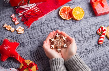 Noel'de çerez holding gri örgü kazak erkek eller