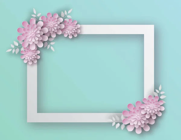 Spring illustration with white empty frame and tender pink flowers and leaves on mint green background — Stock Photo, Image