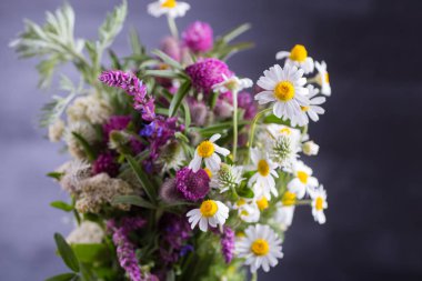 Chamomiles ve çeşitli otlar koyu arka plan üzerinde kapalı şenlikli bahar buket