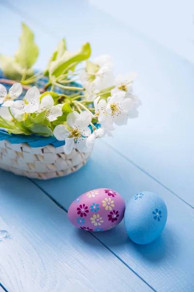 Two painted Easter eggs near basket with white spring flowering branch on light blue background — Zdjęcie stockowe