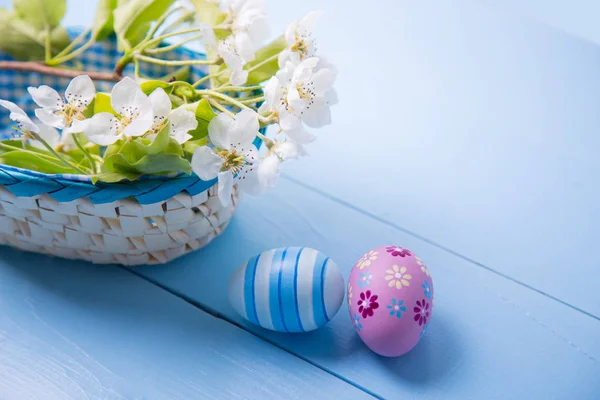 Two painted Easter eggs near basket with white spring flowering branch on light blue background — Stock Photo, Image