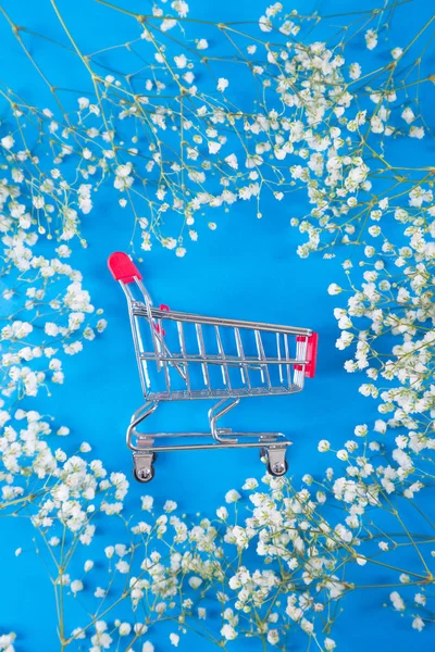 Petit chariot de supermarché entouré de fleurs blanches de gypsophile sur fond bleu — Photo