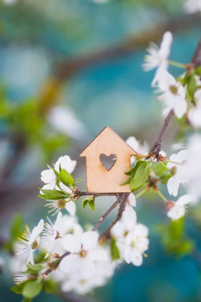 Деревянный дом с отверстием в форме сердца, окруженный цветущими ветвями весенних деревьев Лицензионные Стоковые Фото