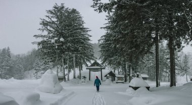 Üst katta Japonca Tapınak için kışın çalışan kişi