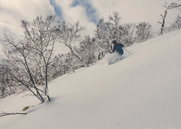 Skifahrer fährt Tiefschnee im verschneiten Wald — Stockfoto