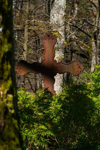 Old rusted cross in forest