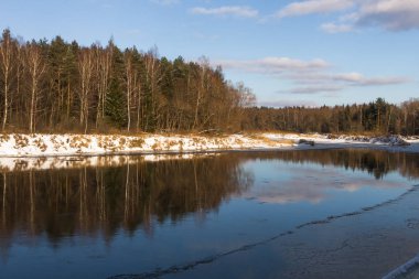 Nehir ve ormanın kış manzarası