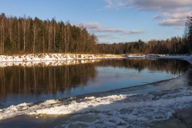 Nehir ve ormanın kış manzarası