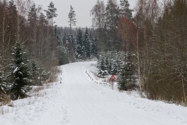 Kış mevsiminde karlı yol