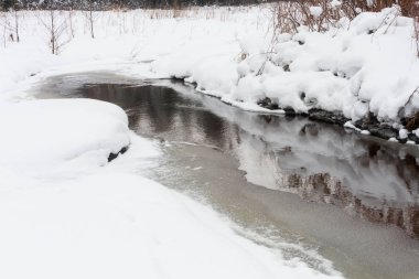 Nehir ve ormanın karlı kış manzarası
