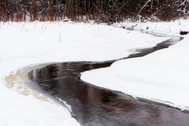 Nehir ve ormanın karlı kış manzarası