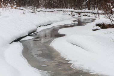 Nehir ve ormanın karlı kış manzarası