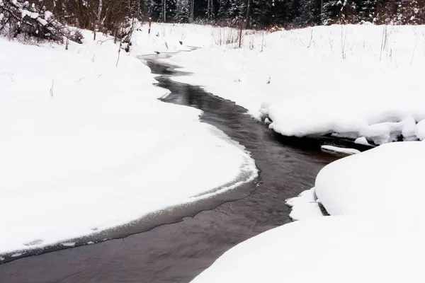 Paisaje Invernal Nevado Del Río Del Bosque — Foto de Stock