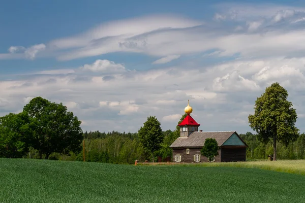 緑の芝生の上に木造正教会 — ストック写真