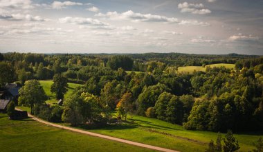 Orman ve çayırlarla dolu güzel yeşil bir manzara.