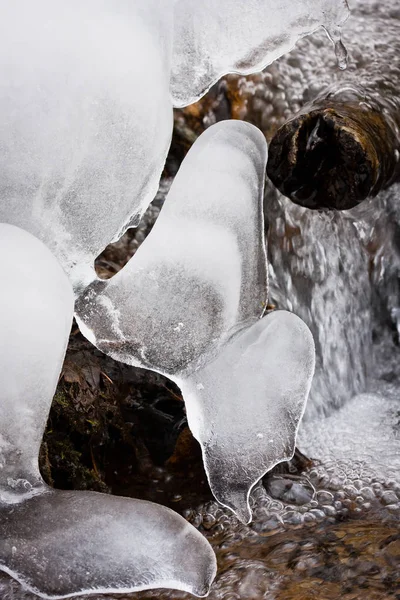 冬季森林中水流上的冰冷冰 — 图库照片