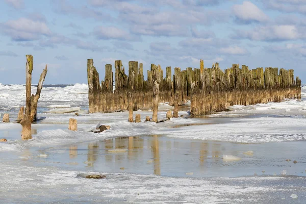 Pilares Madera Costa Del Mar Temporada Invierno — Foto de Stock