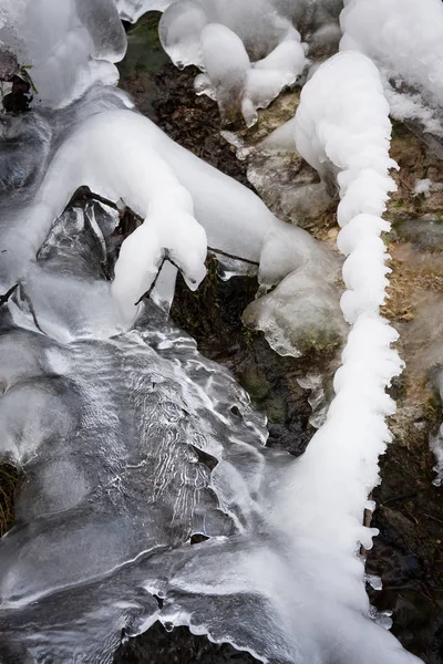 冬の森の水の流れに冷たい氷 — ストック写真