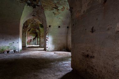 Terk edilmiş eski tuğla binanın içinde.