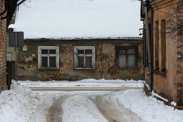 Снежная Улица Старом Европейском Городе — стоковое фото