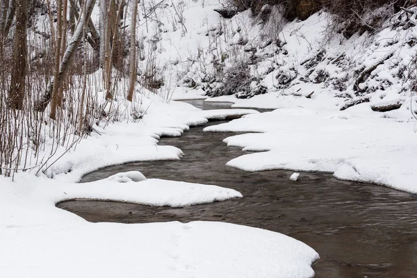Śnieżna Rzeka Sezonie Zimowym — Zdjęcie stockowe