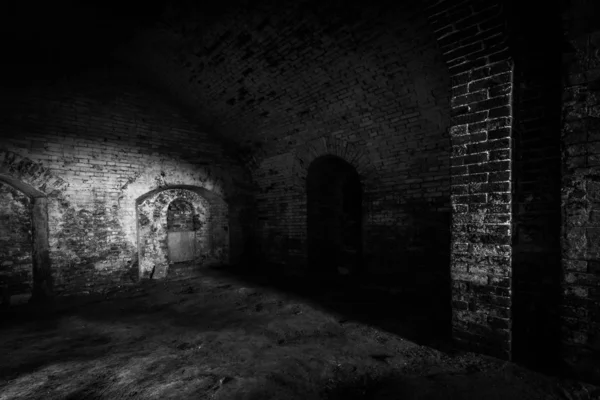 Interior Old Abandoned Brick Dark Building — 스톡 사진