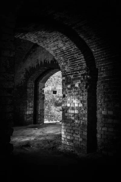 Interior Old Abandoned Brick Dark Building — 스톡 사진