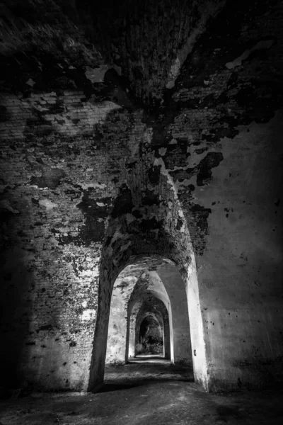 Interior Old Abandoned Brick Dark Building — 스톡 사진