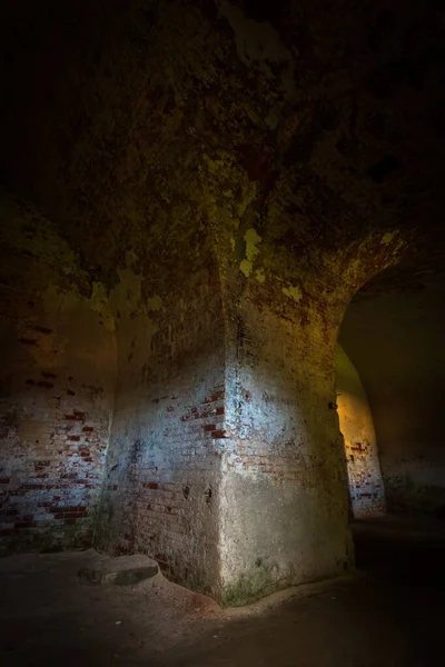 Interior Old Abandoned Brick Dark Building — 스톡 사진