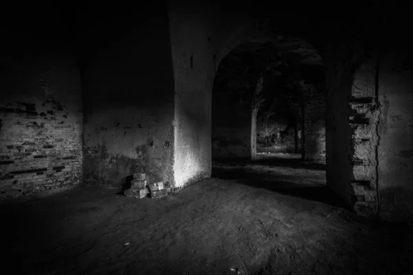 Interior Old Abandoned Brick Dark Building — 스톡 사진