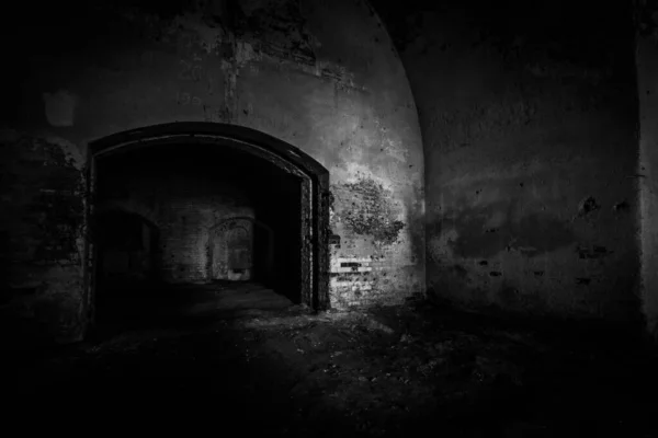 Interior Old Abandoned Brick Dark Building — 스톡 사진