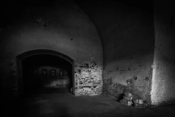 Interior Old Abandoned Brick Dark Building — 스톡 사진