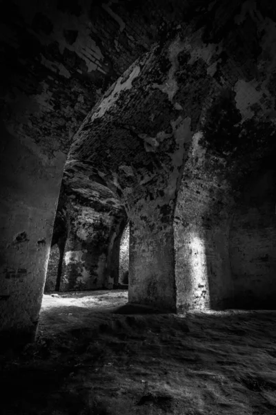 Interior Old Abandoned Brick Dark Building — 스톡 사진