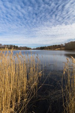İlkbaharda bulut yansımalarıyla göl