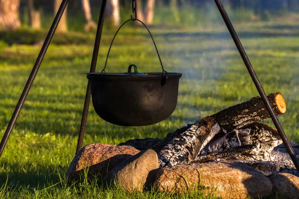 Cuenco Hierro Con Peces Colgando Sobre Fuego —  Fotos de Stock