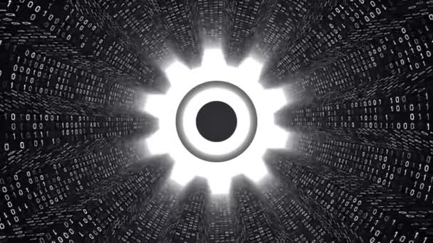 White Gear Icon Form White Binary Tunnel Black Background Digital — Stock Video