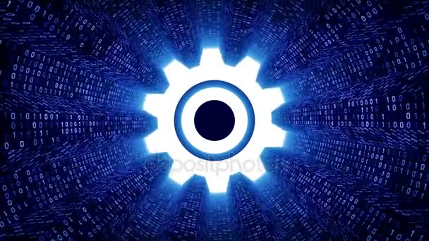 Значок Белого Шестеренка Образует Синий Двоичный Туннель Черном Фоне Концепция — стоковое видео