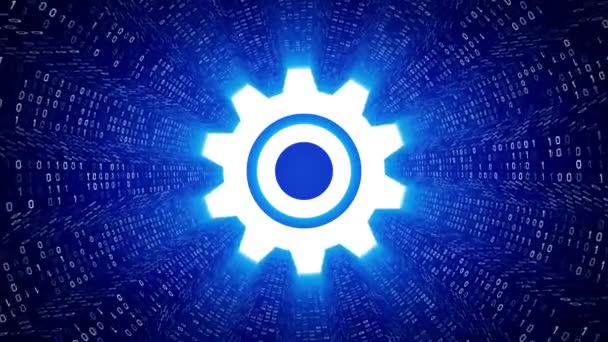 White Gear Icon Form White Binary Tunnel Blue Background Digital — Stock Video