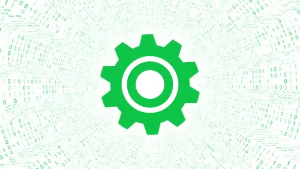 Green Gear Icon Form Green Binary Tunnel White Background Digital — Stock Video