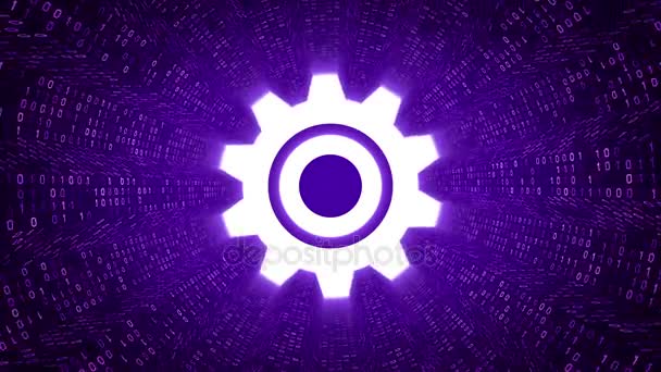 White Gear Icon Form Purple Binary Tunnel Purple Background Digital — Stock Video