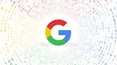 Editoryal animasyon: Renkli Google logosu beyaz arka plan üzerinde renkli ikili tünel oluşturur. Yeni Google 