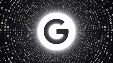 Editoryal animasyon: Beyaz Google logosu formu beyaz ikili tünel siyah arka plan üzerine. Yeni Google 