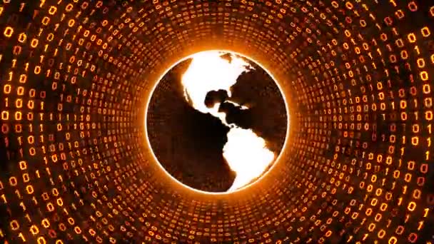 White Globe Icon Continents Form Gold Binary Tunnel Black Background — Stock Video