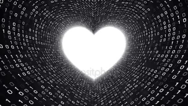 White Heart Icon Form White Binary Tunnel Black Background