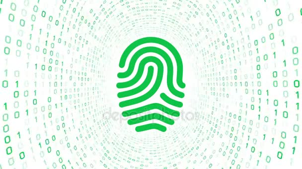 Grüne Fingerabdrucksymbole Bilden Einen Grünen Binären Tunnel Auf Weißem Hintergrund — Stockvideo