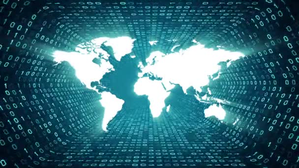 Mapa Del Mundo Blanco Silueta Forma Túnel Binario Cyan Sobre — Vídeos de Stock