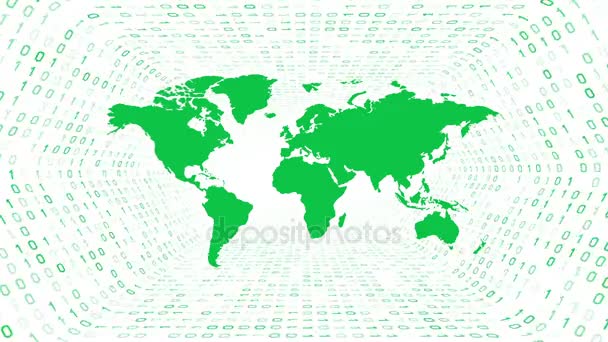 Grüne Weltkarte Silhouette Bilden Grünen Binären Tunnel Auf Weißem Hintergrund — Stockvideo