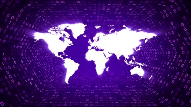 Weiße Weltkarte Silhouette Bilden Lila Binären Tunnel Auf Violettem Hintergrund — Stockvideo