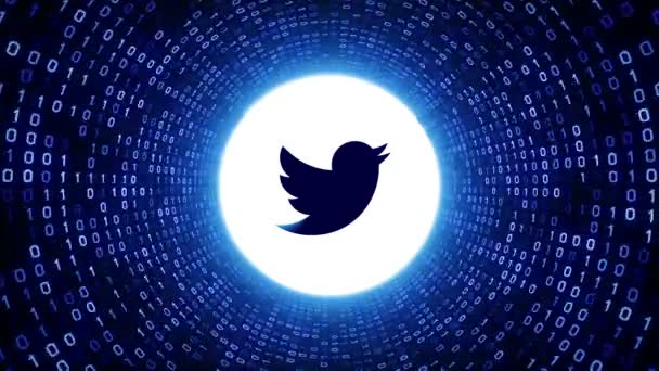Белый Логотип Twitter Представляет Собой Синий Бинарный Туннель Черном Фоне — стоковое видео
